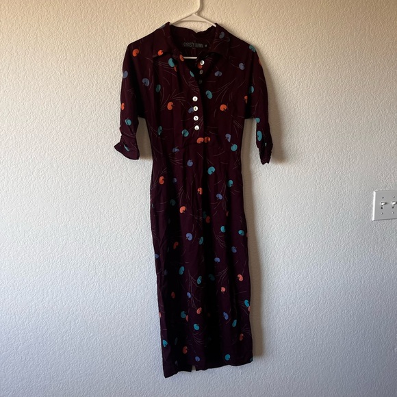 Christy Dawn Apple Print Midi Dress Half Button Half Sleeve Collared Burgundy XS - Picture 2 of 7